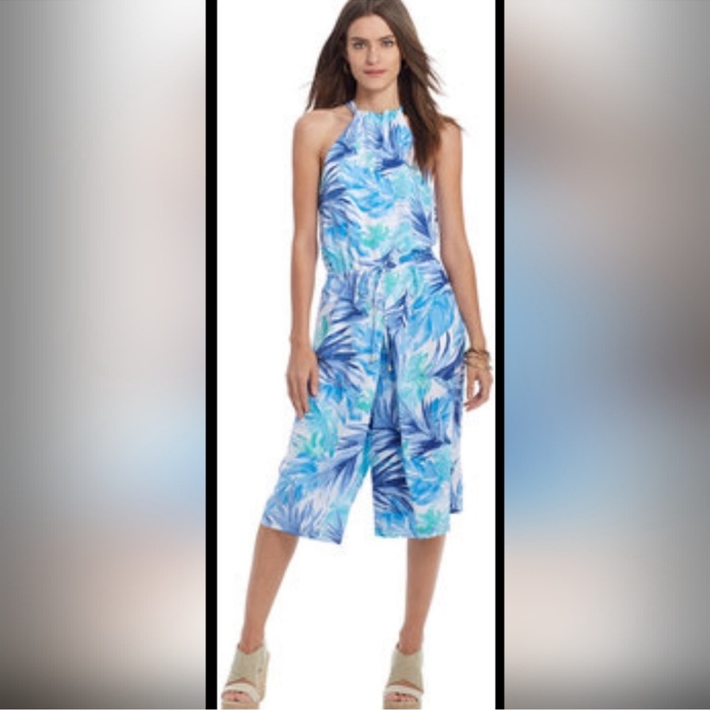 New Ralph Lauren Blue Palm Leaf Halter Romper